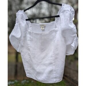 XL White Linen Ruched Puff Sleeve Peasant Top Square Neck Milkmaid Rachel Zoe
